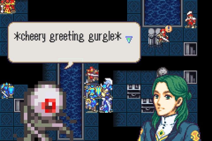 biggle giving a cheerful greeting gurgle to lynhardt. from code of the burger king.