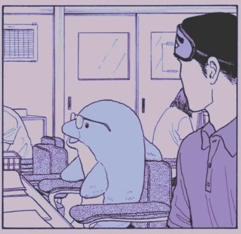 kobayashi looking at a dophin stuffy wearing glasses