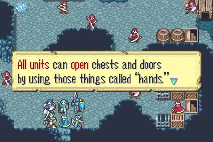 Text saying 'all units can open chests using those things called hands'